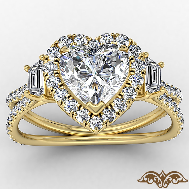 Halo Three Stone French U Pave diamond Ring 18k Gold Yellow