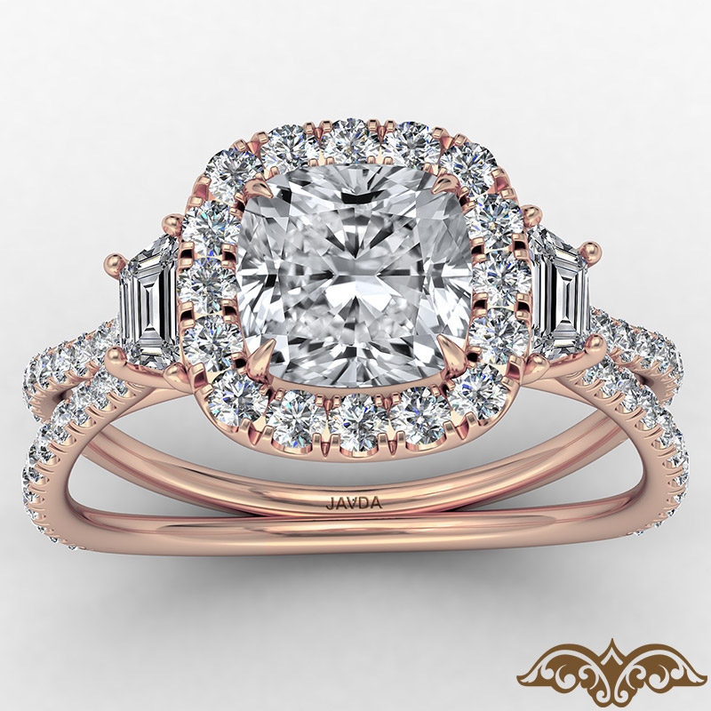 Baguette Three Stone Halo Pave diamond Ring 14k Rose Gold