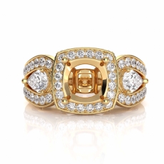 Cushion Diamond Engagement Halo 3 Stone Ring 14k Gold Yellow Semi Mount  (1.85Ct. tw.)