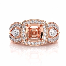 Cushion Diamond Engagement Halo 3 Stone Ring 14k Rose Gold Semi Mount  (1.85Ct. tw.)