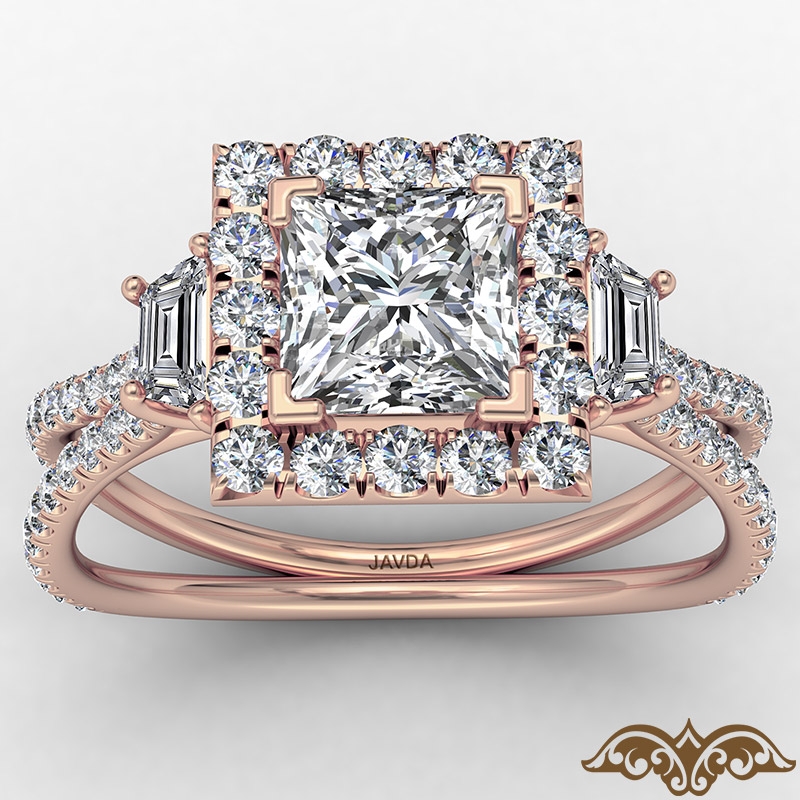 Baguette Three Stone Halo Pave diamond Ring 14k Rose Gold