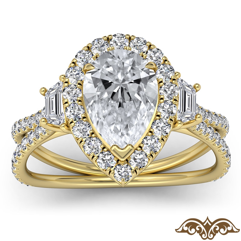 Baguette Three Stone Halo Pave diamond Ring 18k Gold Yellow