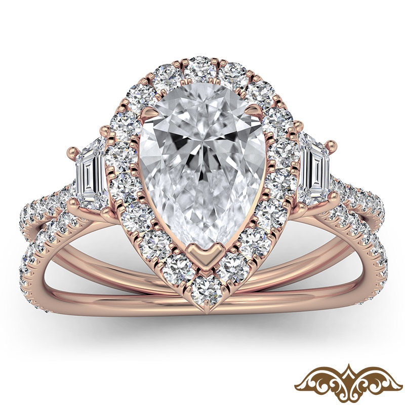 Baguette Three Stone Halo Pave diamond Ring 14k Rose Gold