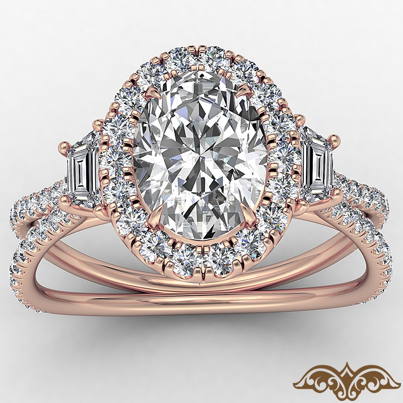 Baguette Three Stone Halo Pave diamond Ring 14k Rose Gold