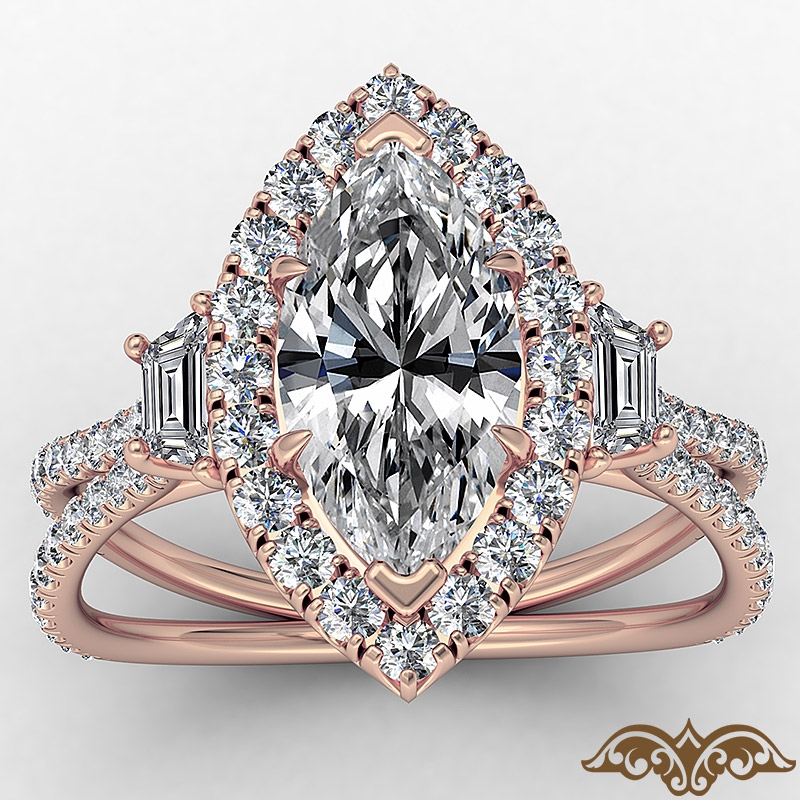 Baguette Three Stone Halo Pave diamond Ring 14k Rose Gold