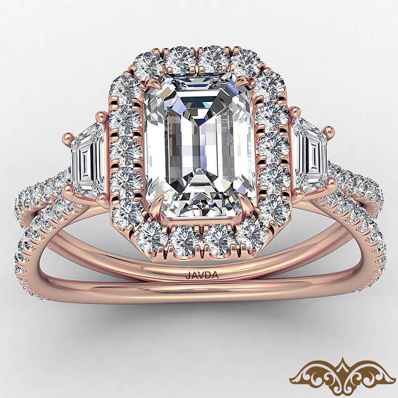 Baguette Three Stone Halo Pave diamond Ring 14k Rose Gold