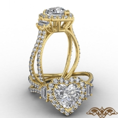 Baguette Three Stone Halo Pave diamond Ring 18k Gold Yellow