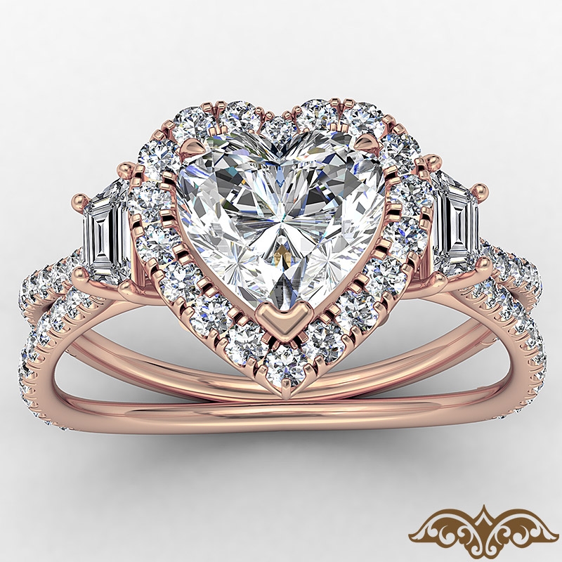 Baguette Three Stone Halo Pave diamond Ring 14k Rose Gold