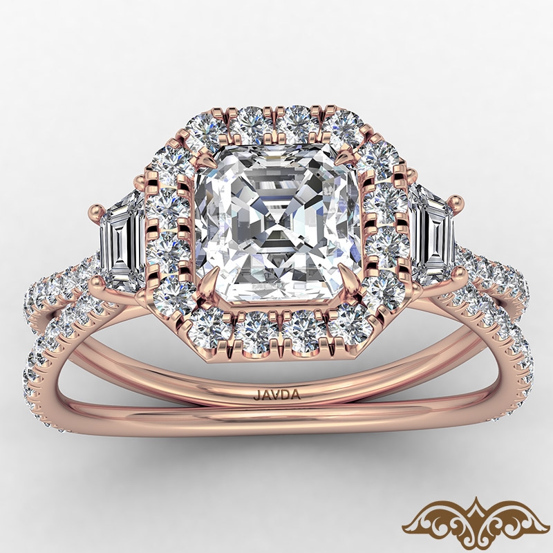 Baguette Three Stone Halo Pave diamond  14k Rose Gold