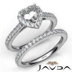 French V Cut Pave Diamond Engagement Ring Heart Bridal Set 14K White Gold 1.5Ct
