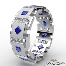 3 Ct Princess Diamond & Sapphire Men's Eternity Wedding Band 14k White Gold