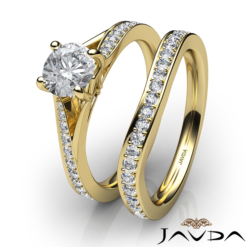Sidestone Pave Bridal Set diamond Ring 14k Gold Yellow