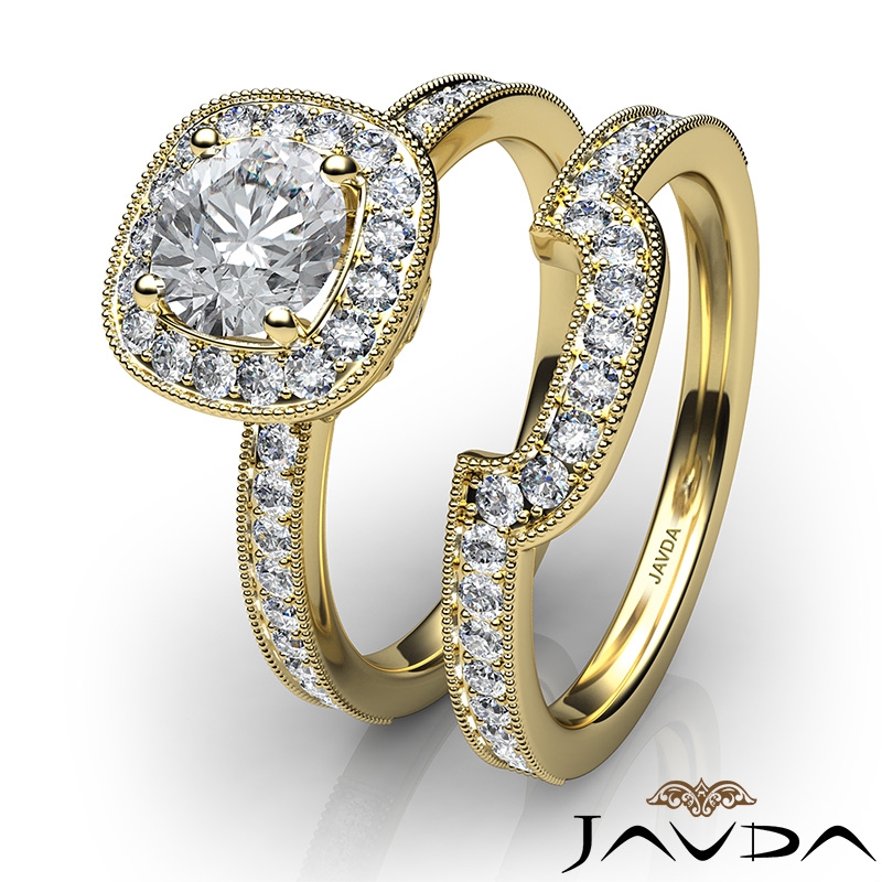 Milgrain Setting Halo Bridal diamond Ring 14k Gold Yellow