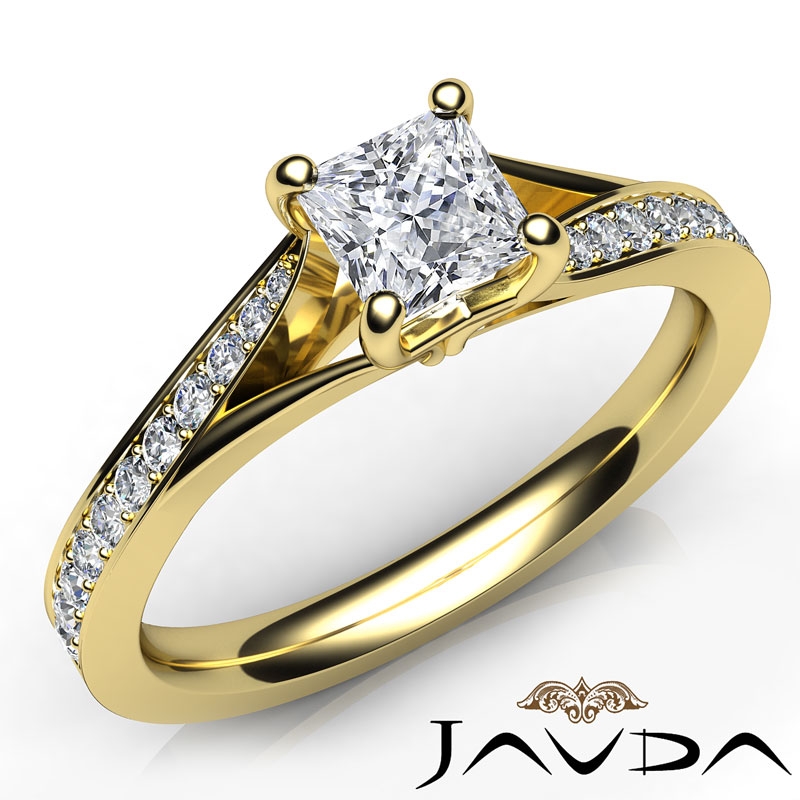 4 Prong Classic Side Stone diamond Ring 14k Gold Yellow
