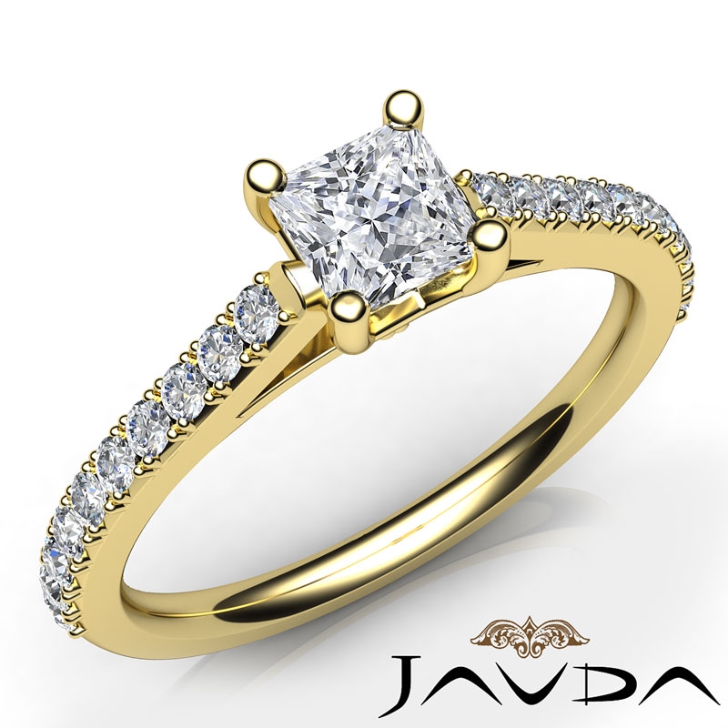 Classic Side-Stone Prong Set diamond Ring 14k Gold Yellow