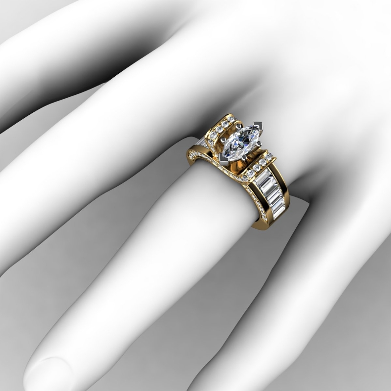 Baguette Channel Set 4 Prong diamond Ring 14k Gold Yellow