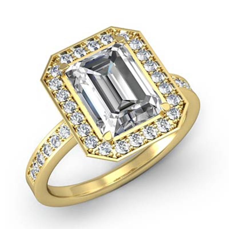 Pave Set Halo Side-Stone diamond Ring 14k Gold Yellow