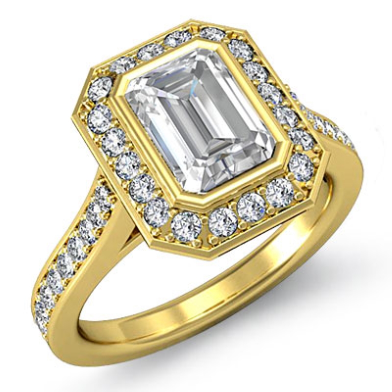 Micro Pave Halo Bezel Set diamond Ring 14k Gold Yellow