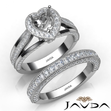 Pave Diamond Engagement Ring Bridal Sets 14K White Gold Heart Semi Mount 1.70Ct.