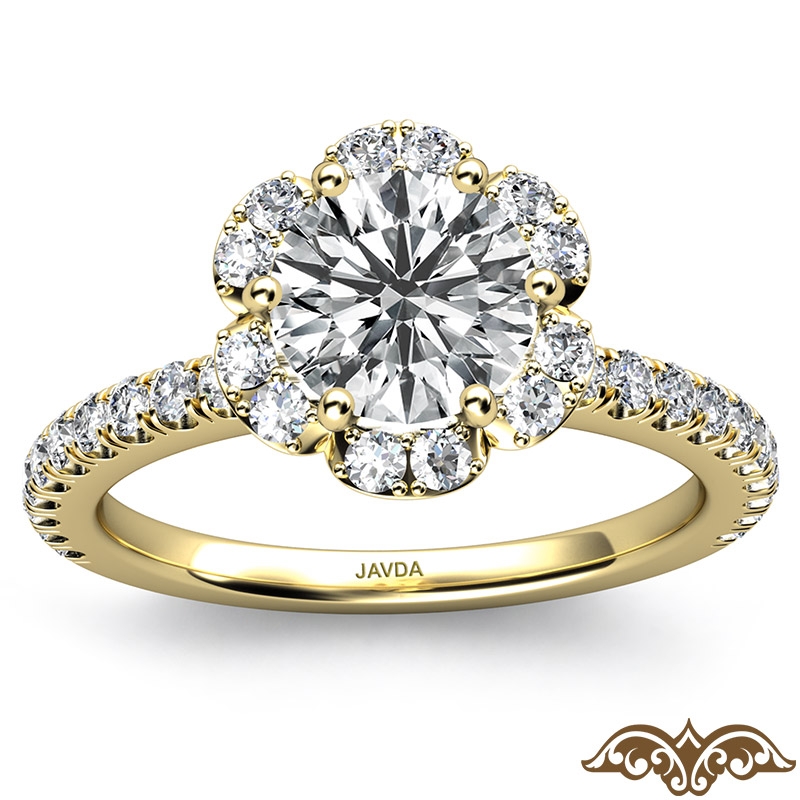 Scalloped Halo French Cut Pave diamond Ring 14k Gold Yellow