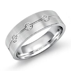 Matte Grooved 3 Stone Round Diamond Men's Half Wedding Band 14k W Gold 0.51 Ct