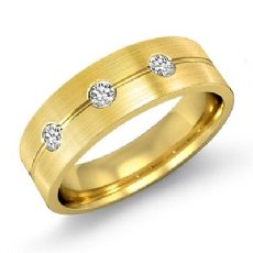 Matte Grooved 3 Stone Round Diamond Men's Half Wedding Band 14k Gold Yellow  (0.51Ct. tw.)