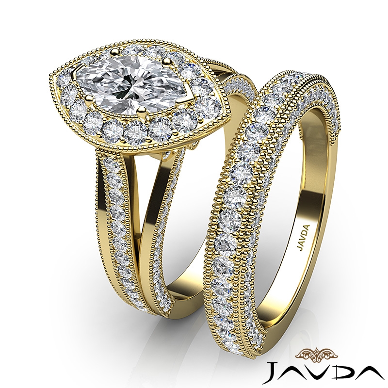 Trio Band Halo Pave Bridal Set diamond Ring 14k Gold Yellow