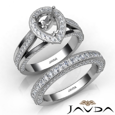 Pave Diamond Engagement Ring Bridal Sets 14K White Gold Pear Semi Mount 1.70Ct.