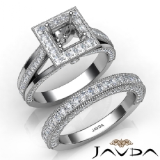 Pave Diamond Engagement Ring Bridal Sets 14K W Gold Princess Semi Mount 1.70Ct.