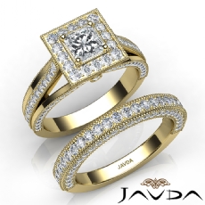 Bezel Halo Milgrain Bridal Set diamond Ring 14k Gold Yellow