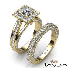 Bezel Halo Milgrain Bridal Set diamond Ring 18k Gold Yellow