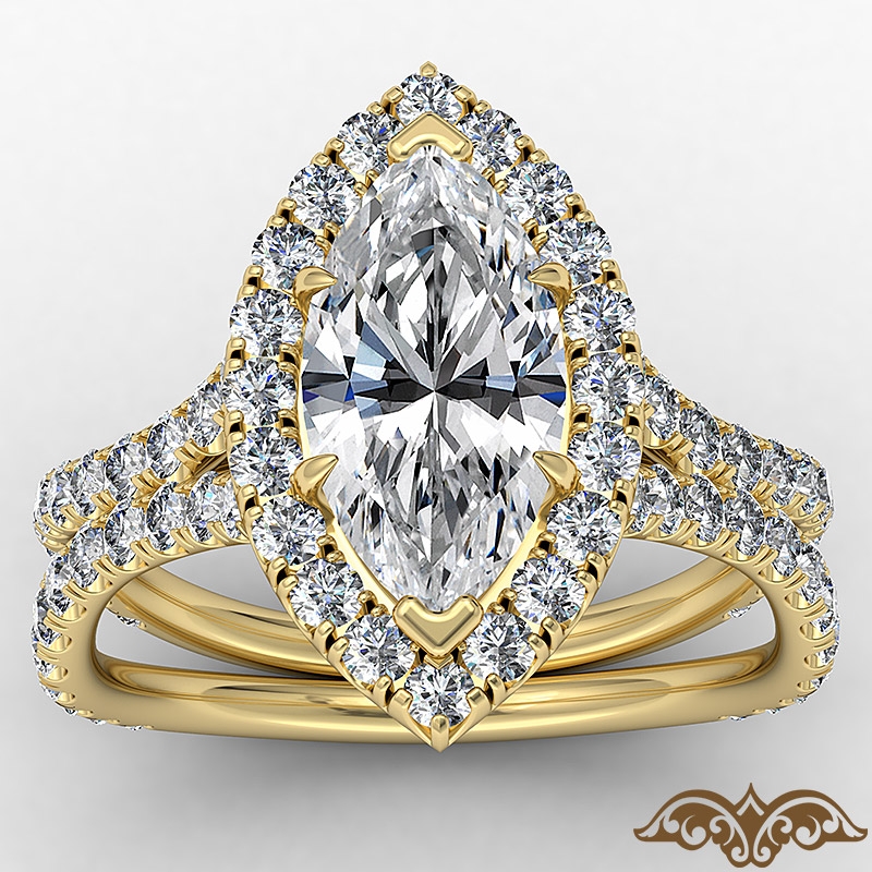 Cathedral Halo French Pave diamond Ring 14k Gold Yellow