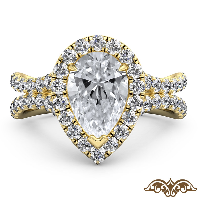 Cathedral Halo French Pave diamond Ring 14k Gold Yellow