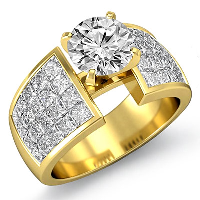 Invisible Set 4 Prong Peg Head diamond Ring 14k Gold Yellow