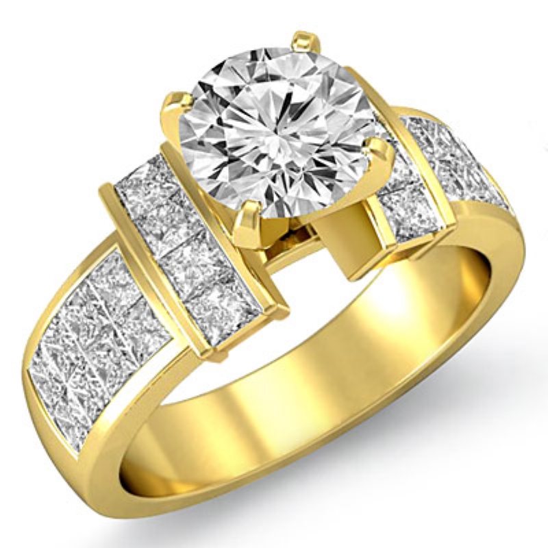 Classic Side-Stone Invisible diamond Ring 14k Gold Yellow