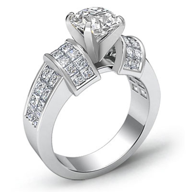 Invisible Set 4 Prong Peg Head Round Diamond Engagement Ring 14k White ...