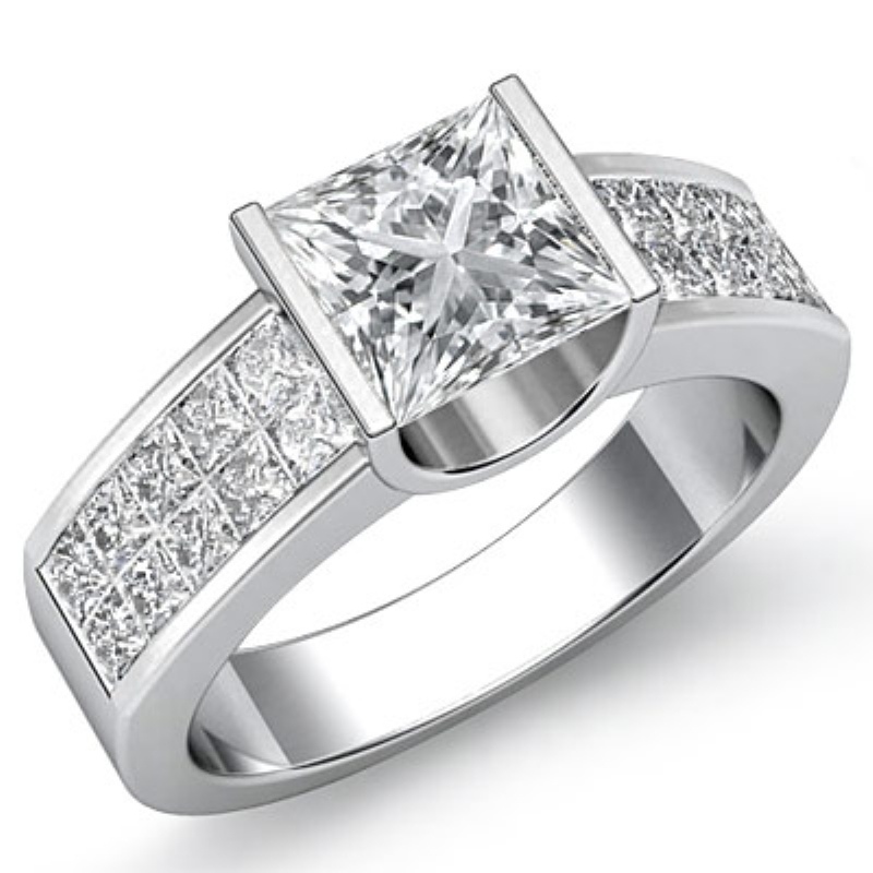 Invisible Shank Bar Setting Princess Diamond Engagement Ring 14k White ...