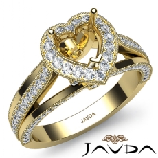 Halo Pave Diamond Engagement Heart Semi Mount Millgrain Ring 14k Gold Yellow  (0.9Ct. tw.)