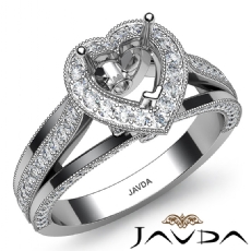 Halo Pave Diamond Engagement Heart Semi Mount Millgrain Ring 14K W Gold 0.90Ct