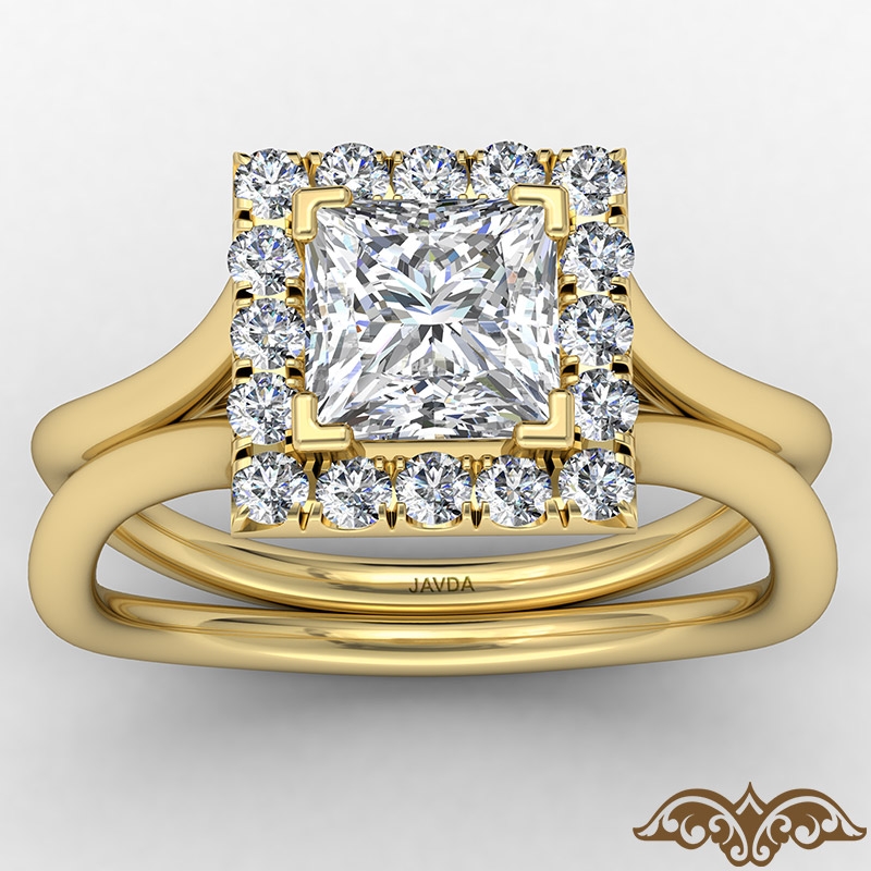 French U Cut Pave Crown halo diamond Ring 14k Gold Yellow