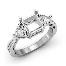 3 Stone Side Heart Diamond Engagement Ring Princess Semi Mount 14K W Gold 0.82Ct