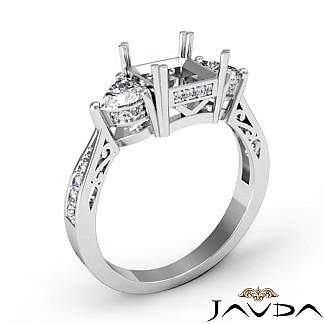 3 Stone Side Heart Diamond Engagement Ring Princess Semi Mount Platinum 950 0.82Ct