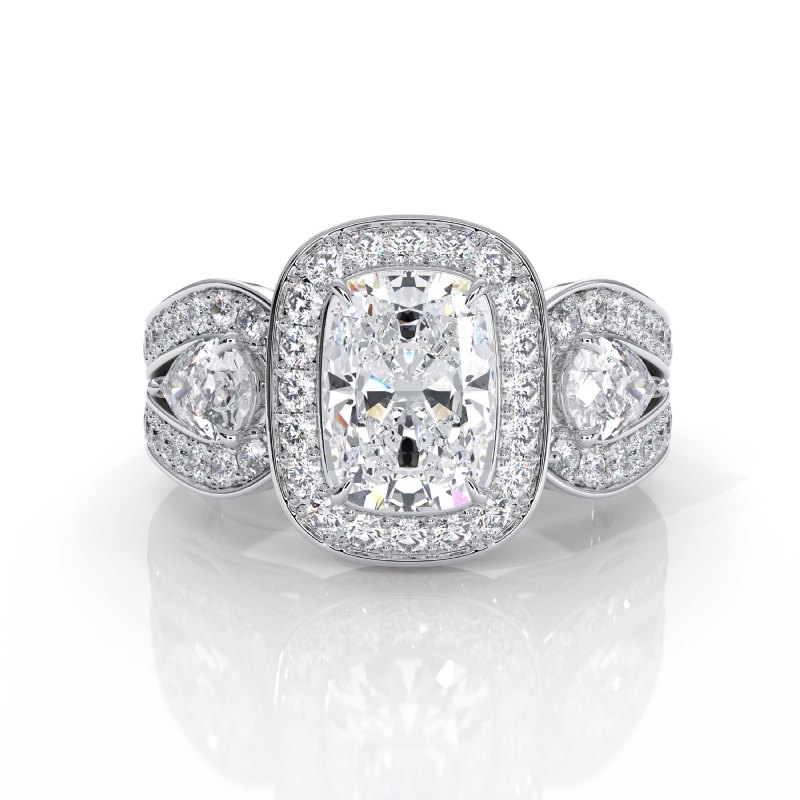 Circa Halo 3 Stone Filigree diamond Ring 14k Gold White