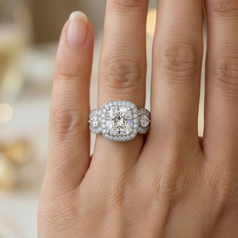 Circa Halo 3 Stone Filigree diamond Ring 14k Gold White