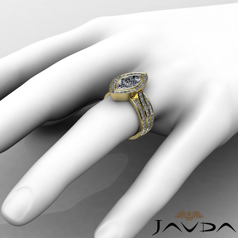 3 Row Shank Bezel Halo diamond Ring 14k Gold Yellow