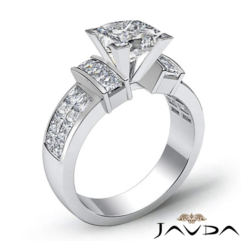 Classic Side-Stone Invisible diamond Ring 14k Gold White