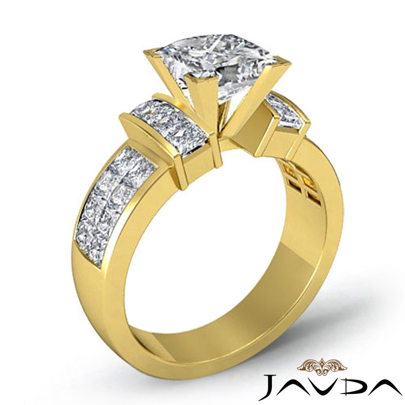 Classic Side-Stone Invisible diamond Ring 14k Gold Yellow