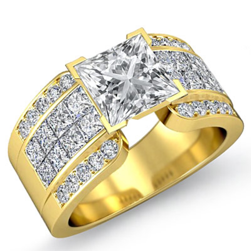 Invisible Set 4 Prong Peg Head diamond Ring 14k Gold Yellow