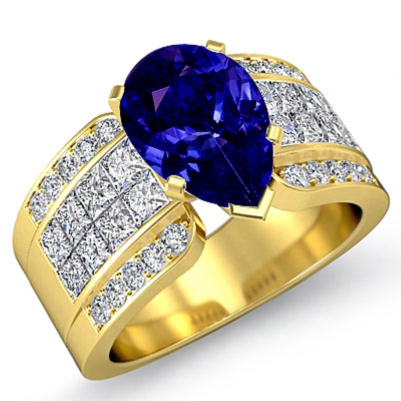 Invisible Set 4 Prong Peg Head Pear diamond engagement Ring in 14k Gold Yellow