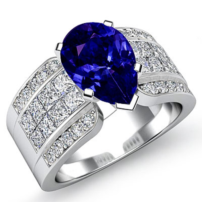 Invisible Set 4 Prong Peg Head Pear diamond engagement Ring in 14k Gold White